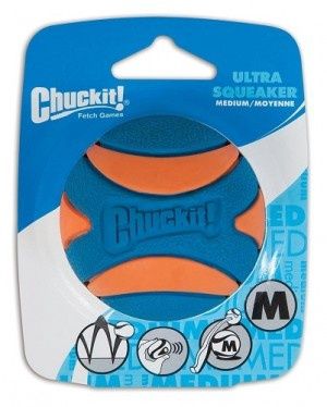 Chuckit! Ultra Squeaker Ball – durable rubber dog fetch ball with squeaker, high bounce, and bright colors.