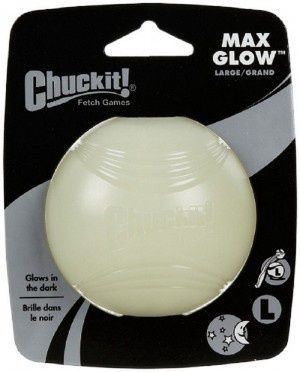 Chuckit! Max Glow Ball – glow-in-the-dark rubber dog fetch ball for nighttime play.