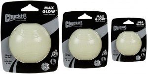 Chuckit! Max Glow Ball – glow-in-the-dark rubber dog fetch ball for nighttime play.