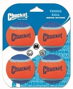 Chuckit! Tennis Balls 4 Pack Medium – durable rubber fetch balls for dogs with extra-thick core and bright colors.