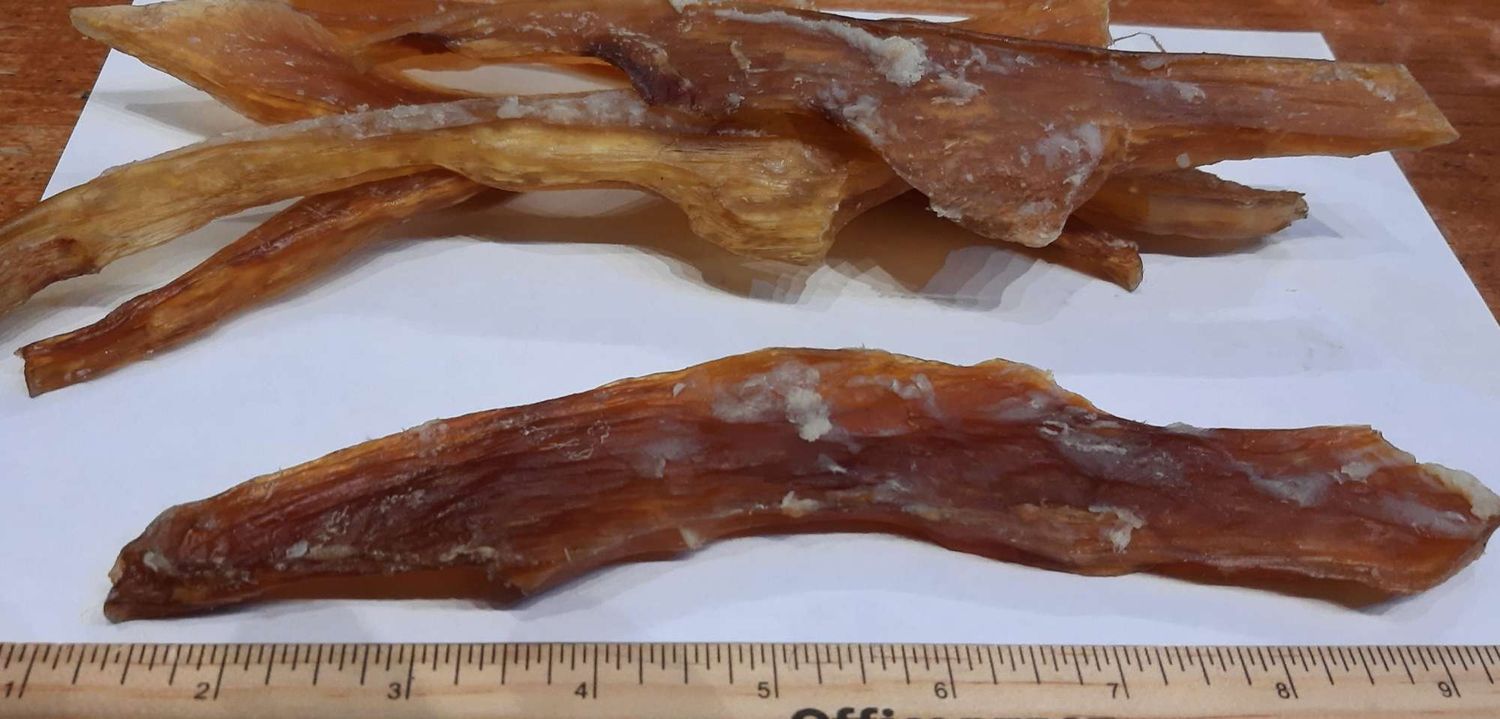 Close-up of Noddabone dog treats made from 100% dried beef tendons, all-natural chew for dental health.