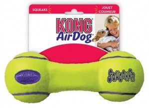 Close-up of KONG AirDog Squeaker Dumbbell dog toy with tennis ball texture
