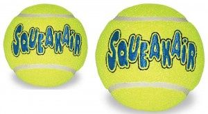 KONG AirDog Squeaker Tennis Ball in medium and large sizes side by side