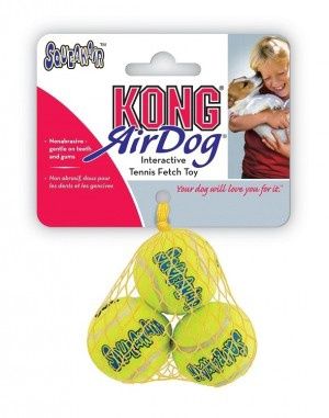 Close-up of KONG AirDog Squeaker Tennis Balls 3 Pack in packaging