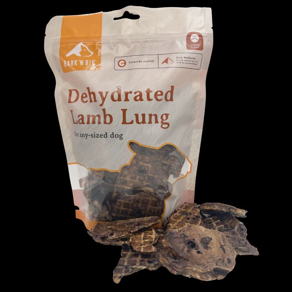 Bag of Bark ’N Big natural lamb lung treats made in the USA
