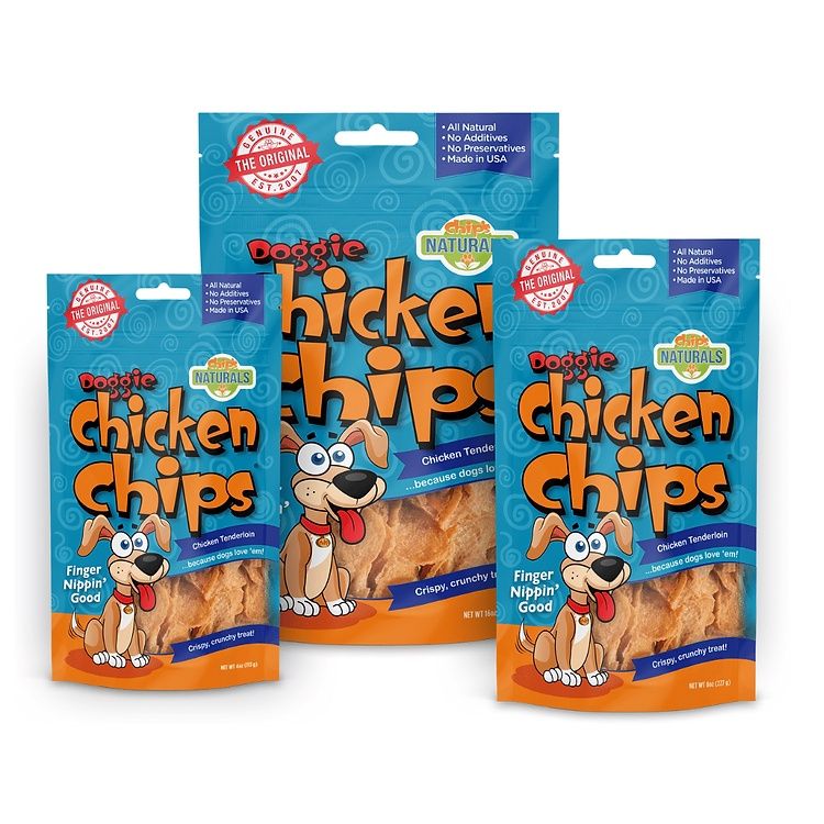 Bags of Doggie Chicken Chips grain-free dog treats baked in the USA 