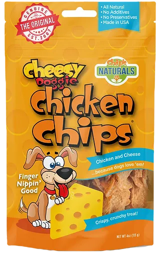Bag of Cheezy Chicken Chips grain-free dog treats made in the USA