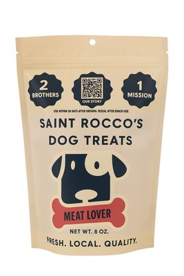 Saint Rocco’s Meat Lover Dog Treats – 8 oz bag. USA-made, small-batch, hand-baked dog treats with real chicken and bacon. 