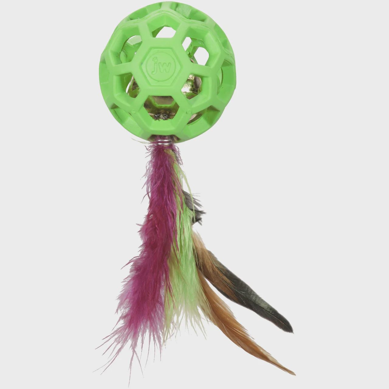 JW Cataction rubber cat toy with feathers and a bell