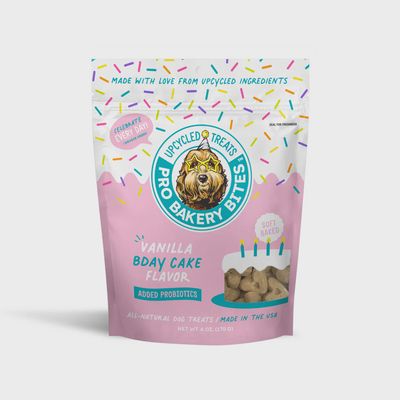Pro Bakery Bites - Vanilla Bday 6oz Ag Alchemy Pro Bakery Bites Vanilla Birthday Cake Dog Treats bag front.