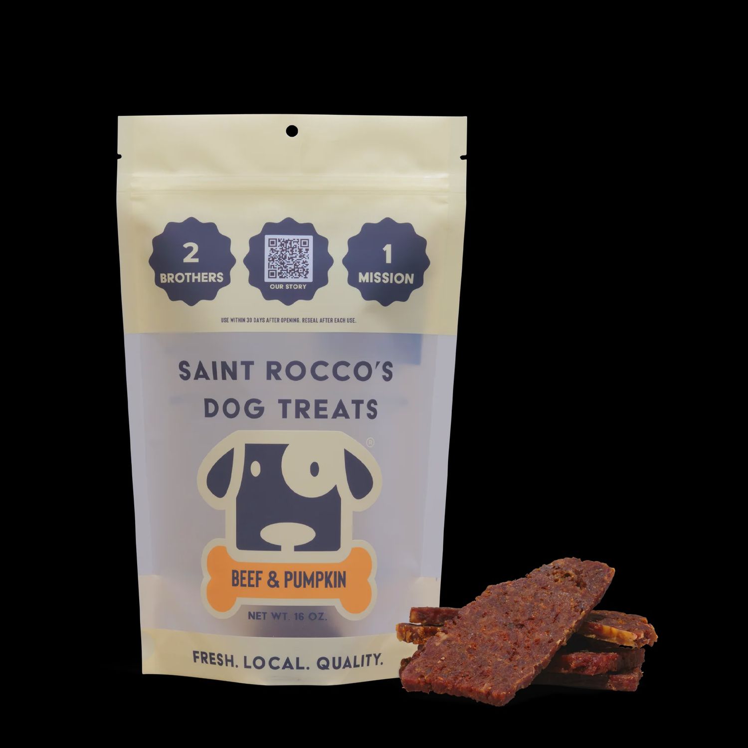 Saint Rocco's artisan baked high value dog treats made with real beef and pumpkin