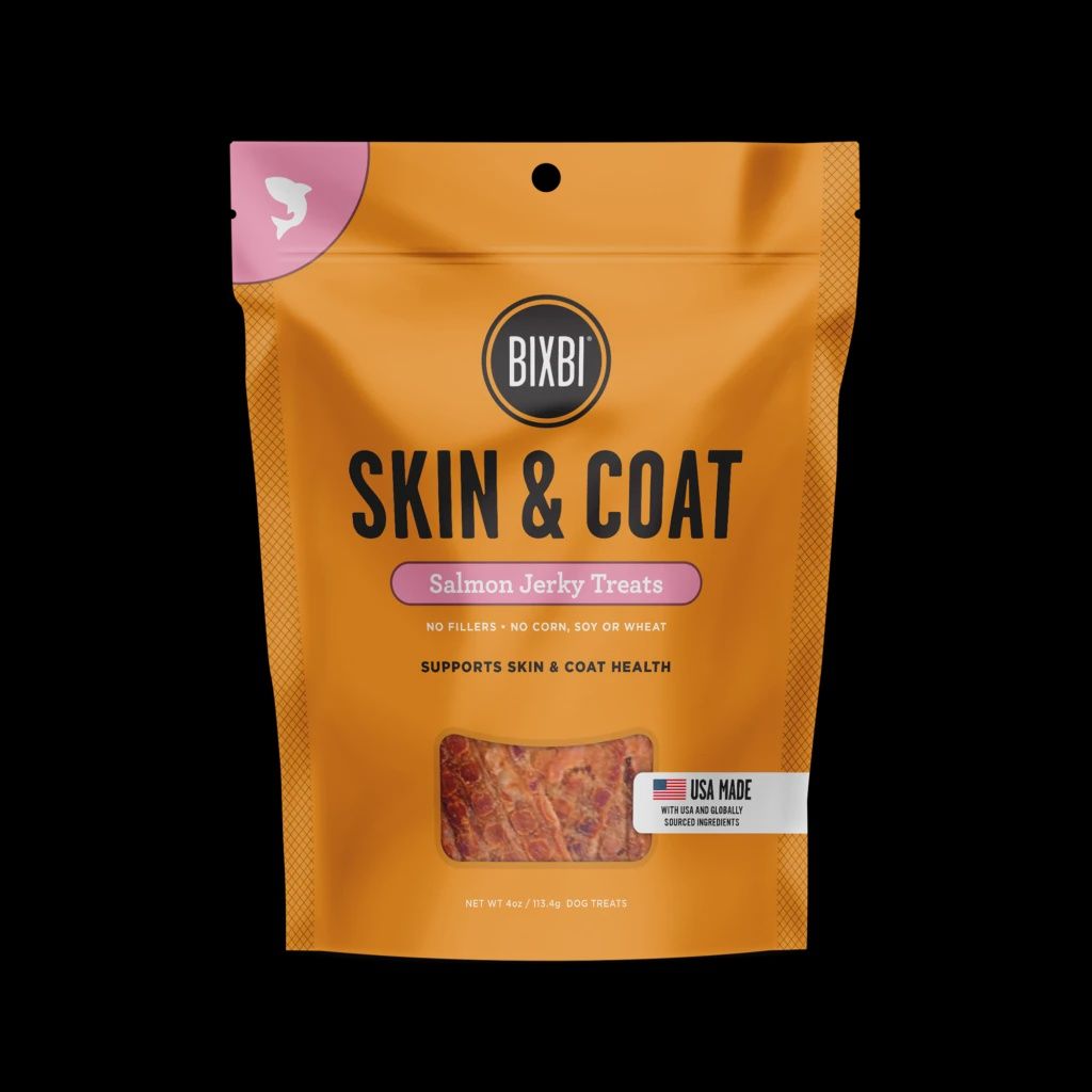 BIXBI Skin &amp; Coat Salmon Jerky Dog Treats bag showing omega-rich ingredients for healthy coats