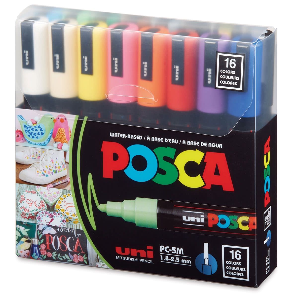 POSCA Paint Marker Sets, 16-Color PC-5M Medium Set (White, Yellow, Orange, Light Green, Green, Light Blue, Violet, Pink, Red, Brown, Black, Gold, Silver, Blue, Gray &amp; Beige)