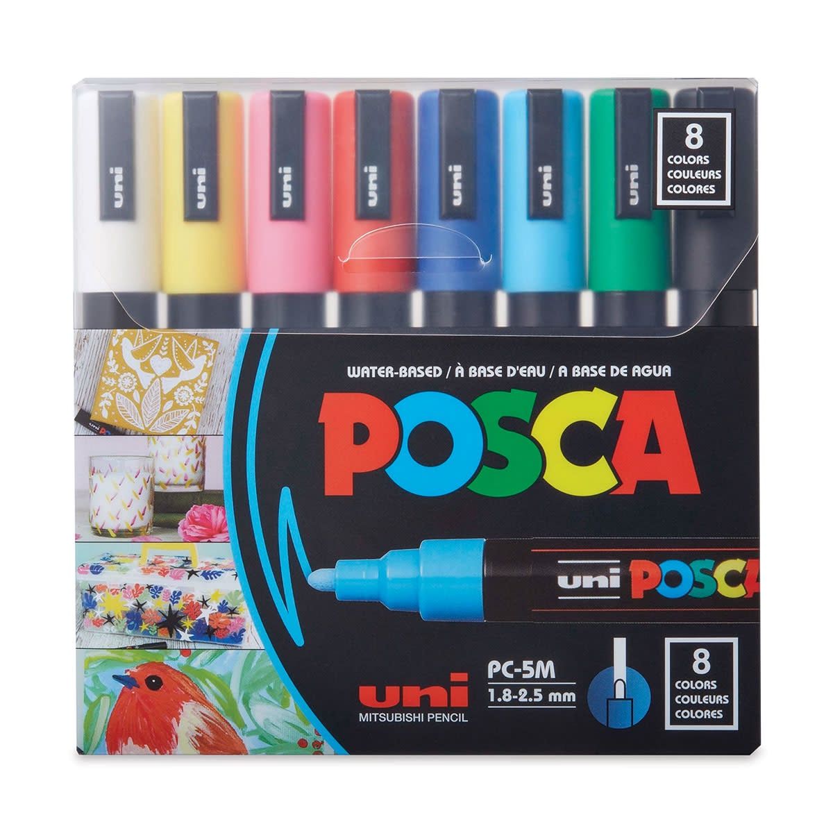 POSCA Paint Marker Sets, 8-Color PC-3M Fine Set (Black, White, Red, Yellow, Blue, Light Blue, Green &amp; Pink)