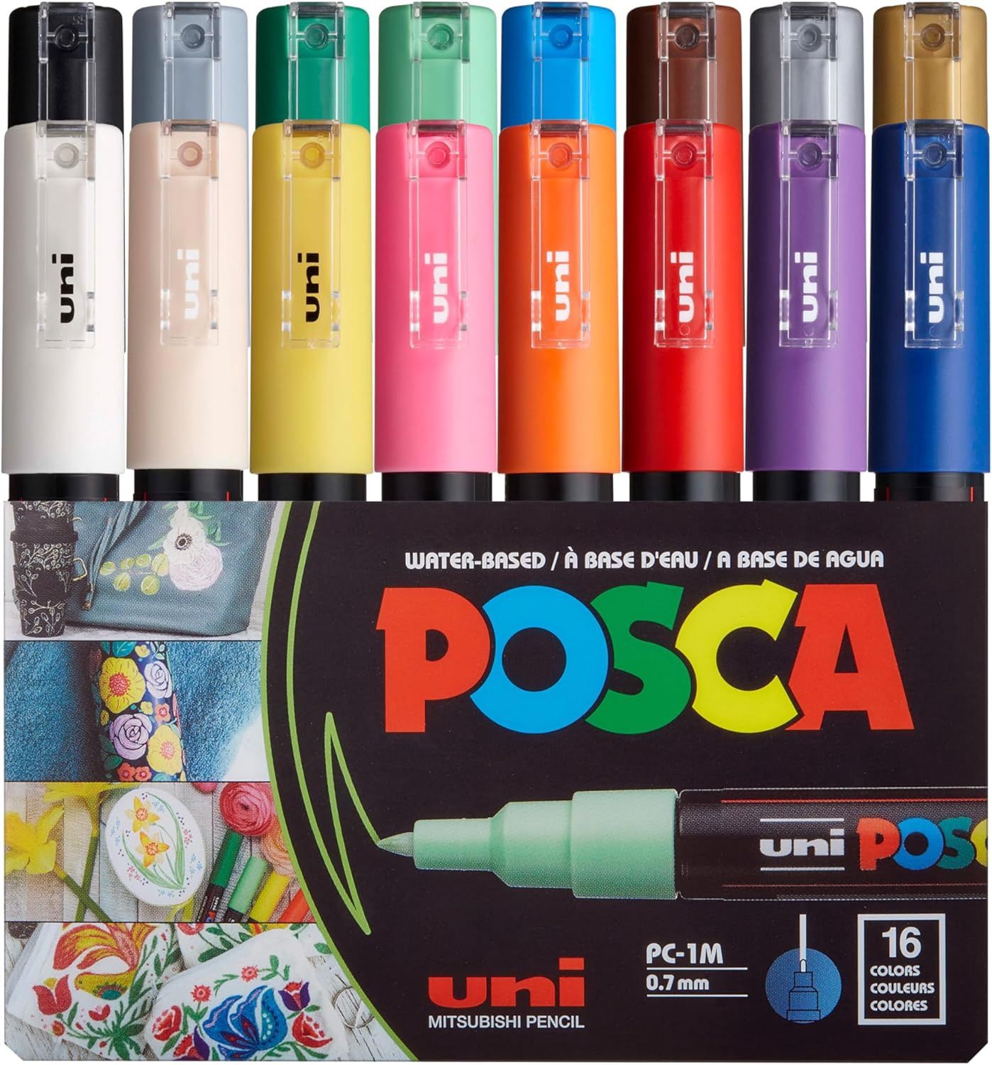 POSCA Paint Marker Sets, 16-Color PC-1M Extra-Fine Tapered Tip Basic Set (White, Yellow, Orange, Light Green, Green, Light Blue, Violet, Pink, Red, Brown, Black, Gold, Silver, Blue, Gray &amp; Beige)