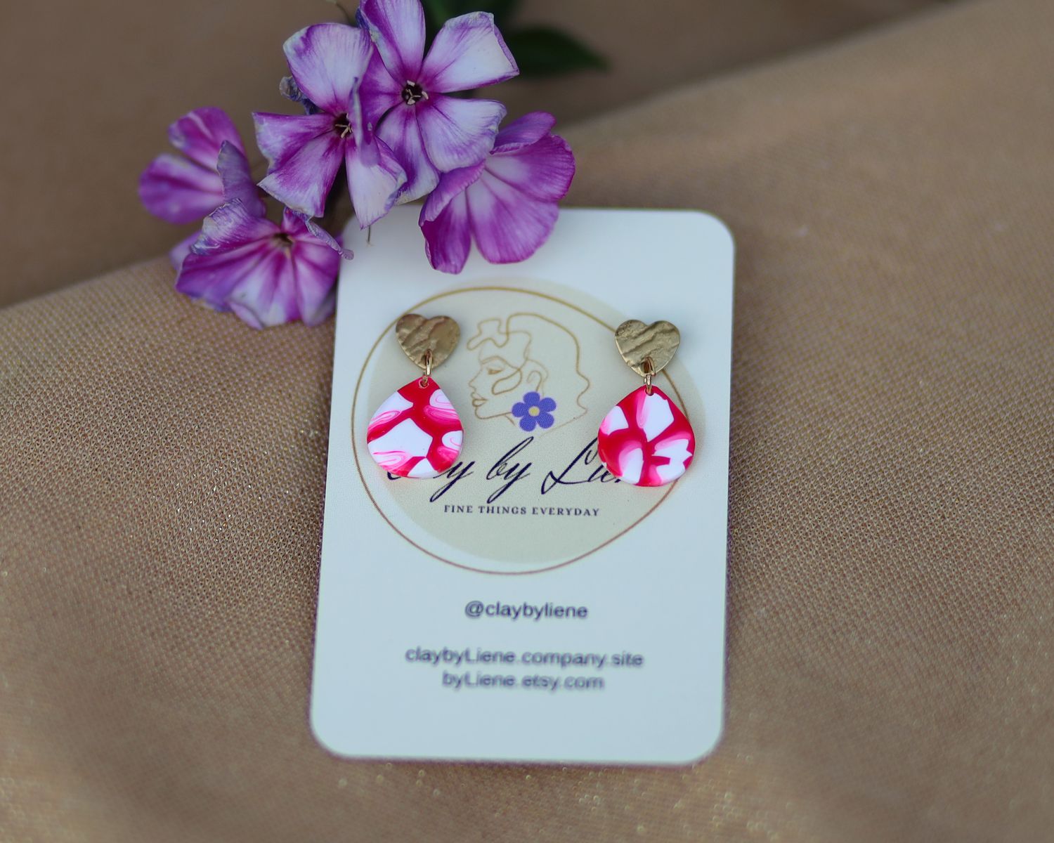 Pink drop earrings with heart shaped stud