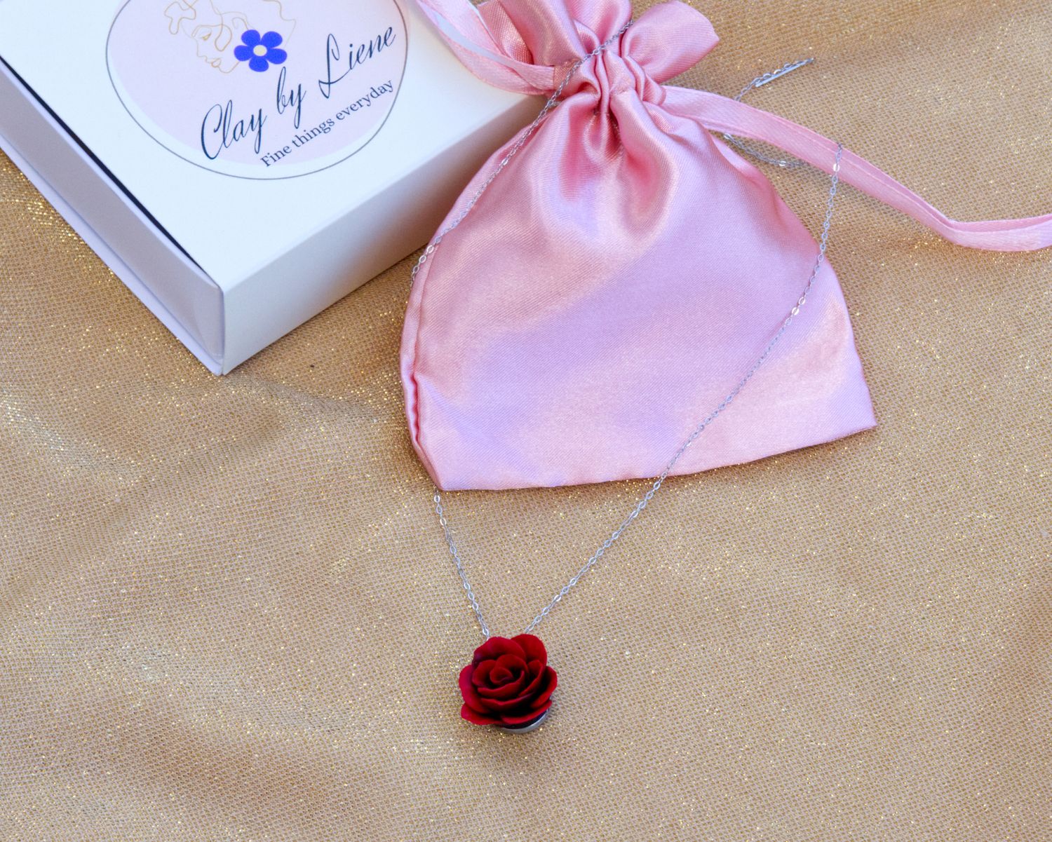 Real silver necklace with red rose charm