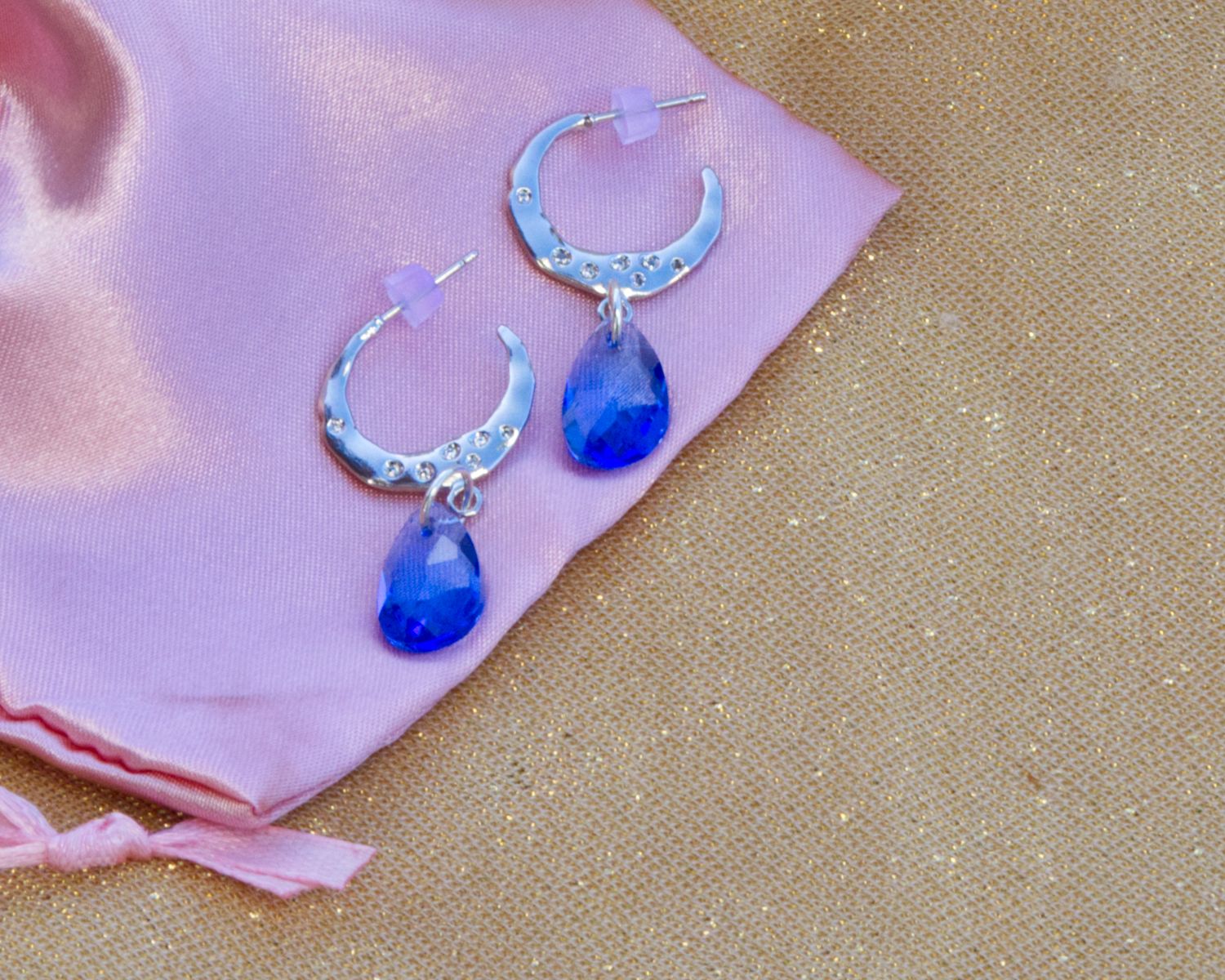 Moon earrings with blue glass beads