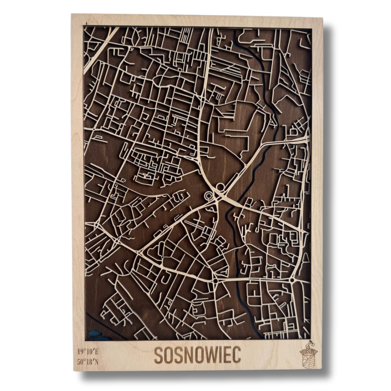 Drewniana mapa Sosnowiec personalizowany grawe
