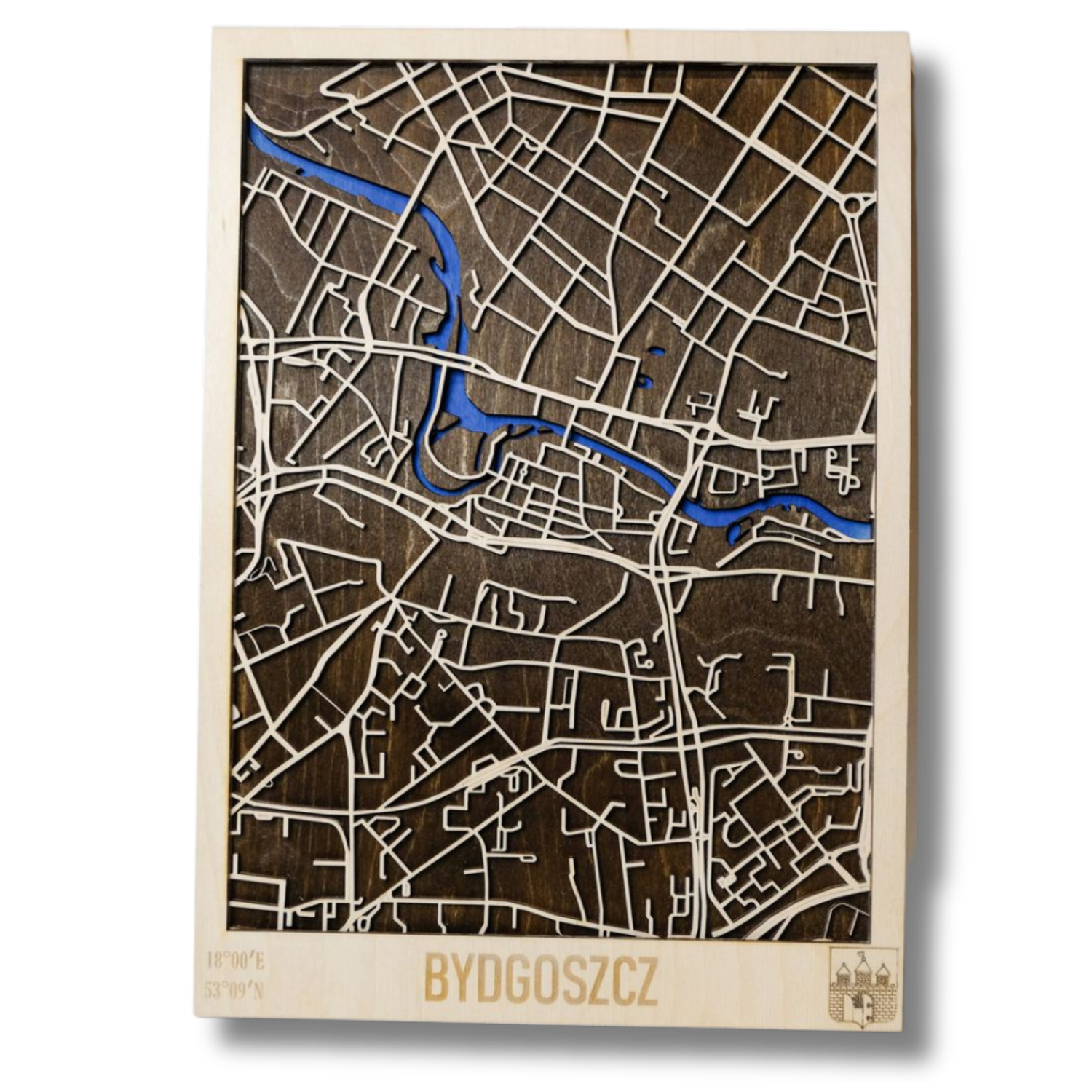Drewniana mapa Bydgoszcz personalizowany grawer