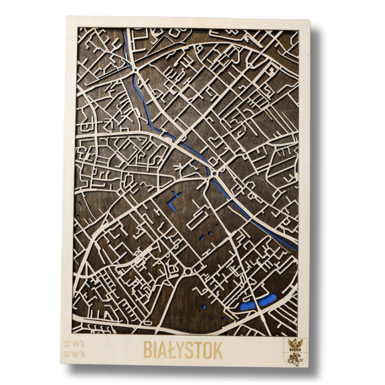 Drewniana mapa Białystok personalizowany grawer