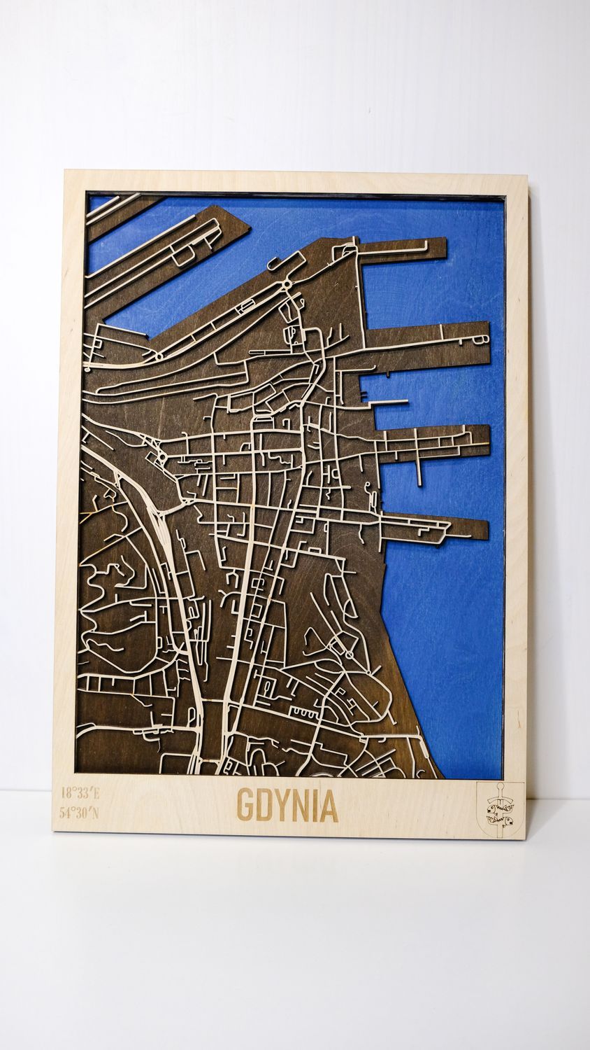 Drewniana mapa Gdynia personalizowany grawer