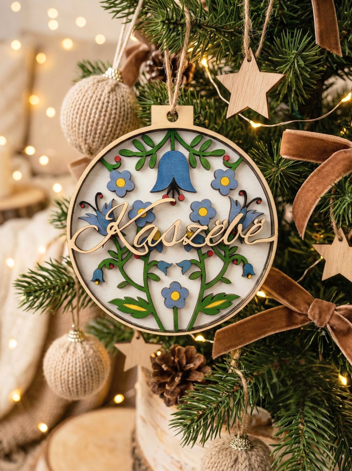 Drewniana bombka malowana - Kaszëbë, kaszubski wzór ludowy