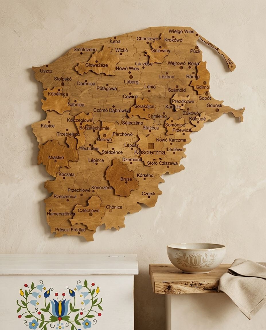 Trójwymiarowa Drewniana Mapa Kaszub po Kaszubsku 60x70 cm – Obraz Drewniany 3D