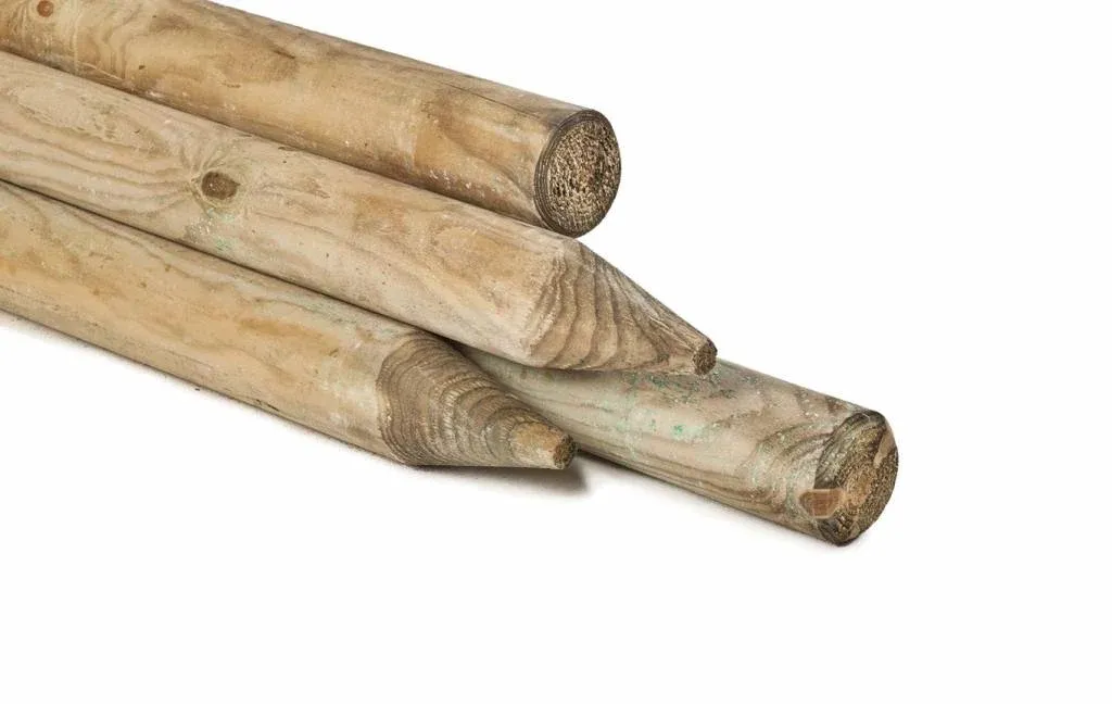 Round wood posts with point, diameter 8 cm, length 1.20 m.