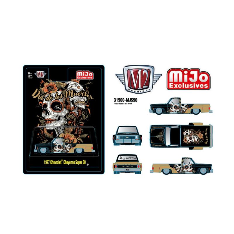 (Preorder) M2 Machines 1:64 1977 Chevrolet Cheyenne Super 30 “Dia De Los Muertos” 2025 – Black Gold