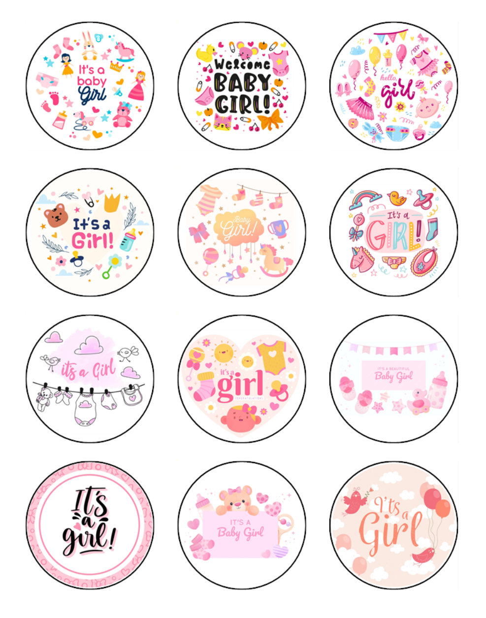 Baby Shower Girl Edible Icing Cupcake Decorations (5cm Round) #02