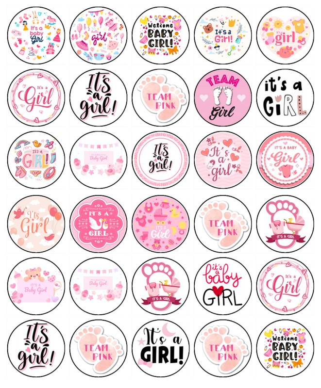 Baby Shower Girl Edible Icing Cupcake Decorations (3.5cm Round)