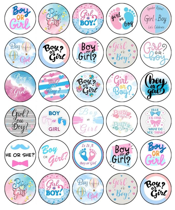 Baby Shower Gender Reveal He Or She Edible Cupcake Decorations (3.5cm Round)