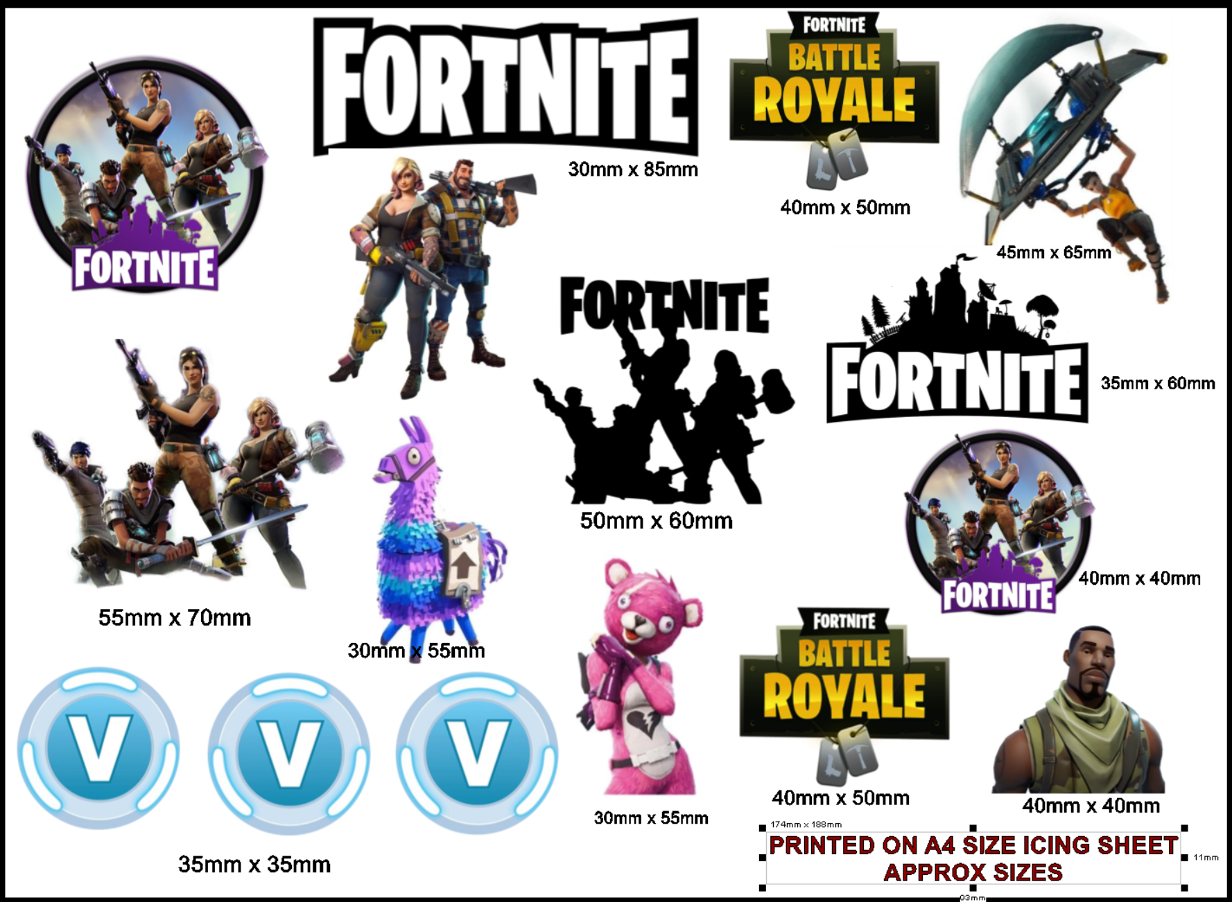 Fortnite Edible Cutout Cake Toppers for Gamer Parties A4