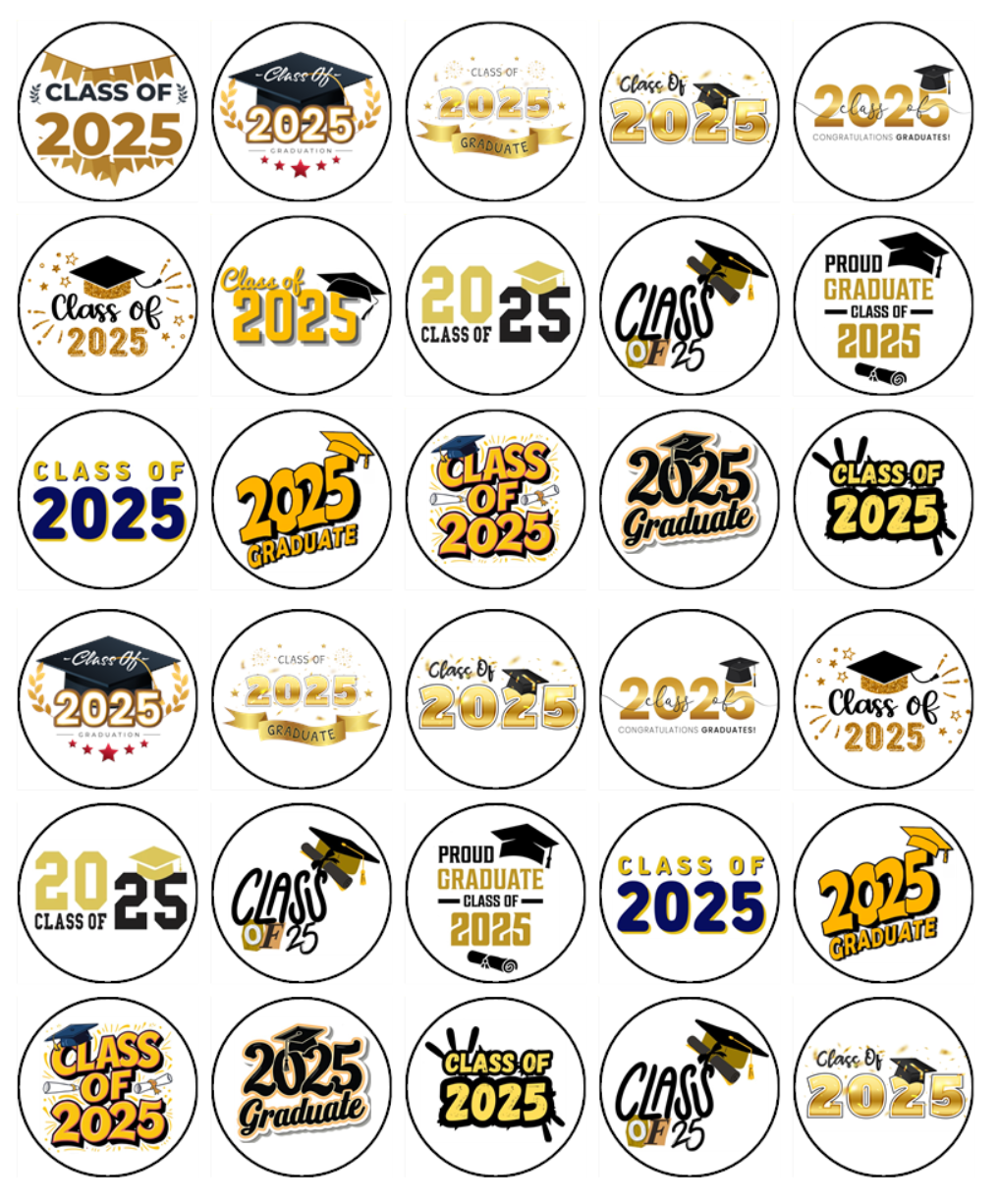 Graduation Hat Class of 2025 Gold Edible Icing Cupcake Toppers – 2 Sizes