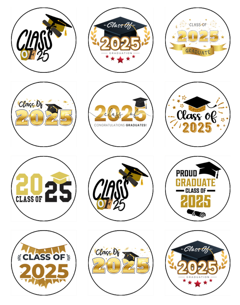 Graduation Hat Class of 2025 Gold Edible Icing Cupcake Toppers – 2 Sizes
