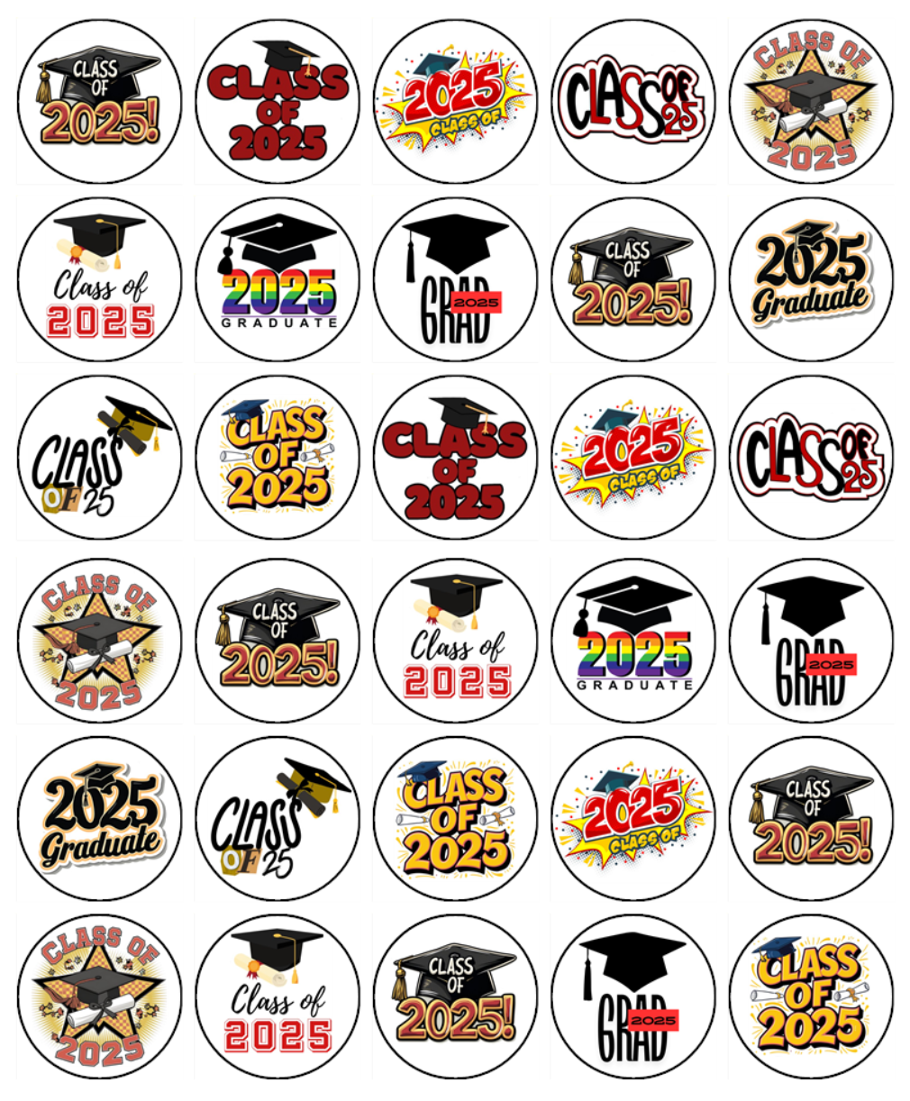 Graduation Hat Class of 2025 Edible Icing Cupcake Toppers – 2 Sizes