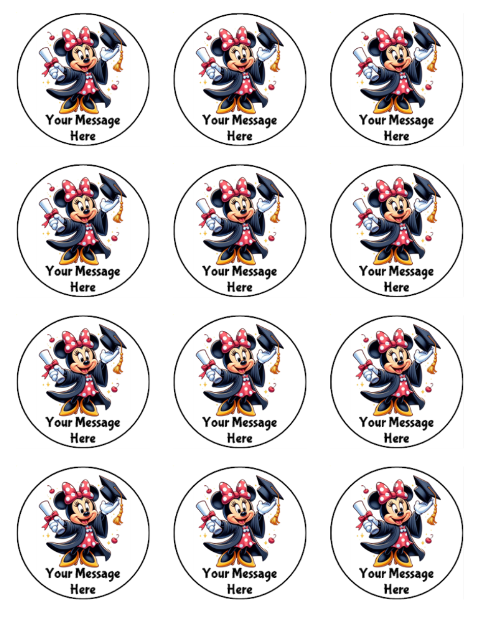 Minnie Mouse Graduation Edible Icing Cake & Cupcake Toppers