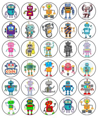 Robot Edible Icing Cupcake Decorations (2 Sizes) Robot Edible Icing Cupcake Decorations (2 Sizes)
