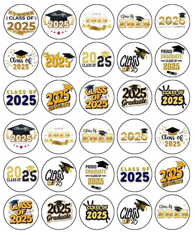 Graduation Hat Class of 2025 Gold Edible Icing Cupcake Toppers – 2 Sizes