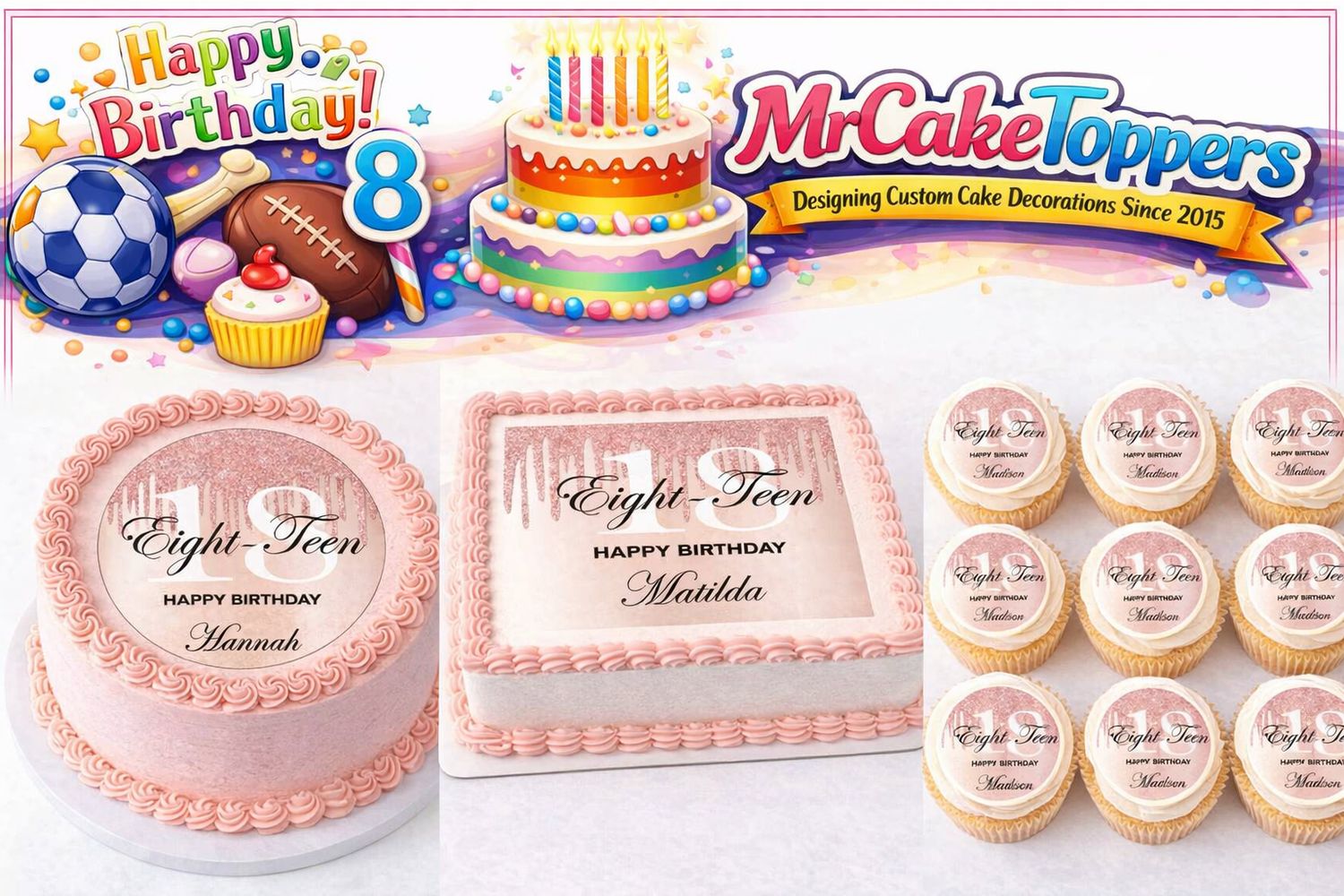 18th Birthday Edible Cake & Cupcake Toppers – Icing Decor
