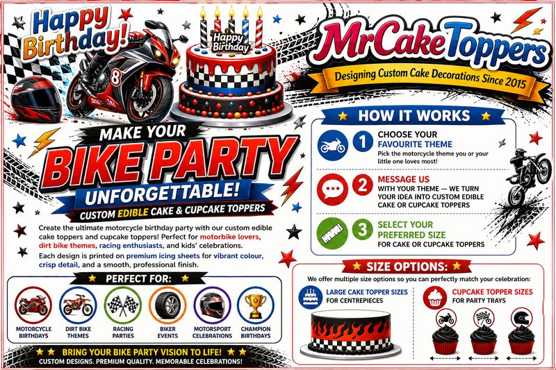 Motorcycle Edible Cake Topper, Cupcake Toppers, Motocross Racing Designs, Custom Printed Edible Images