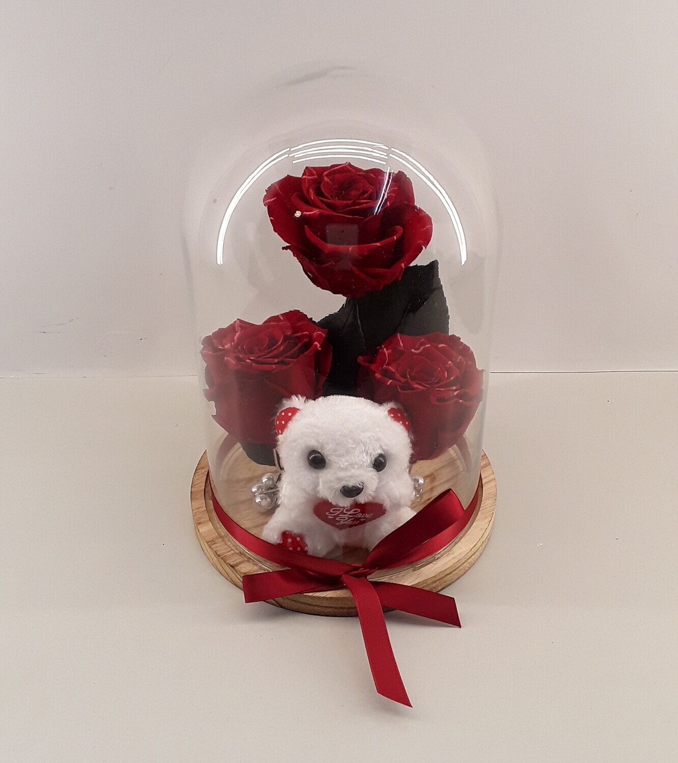F35--Red forever roses with small teddy bear in glass!!!