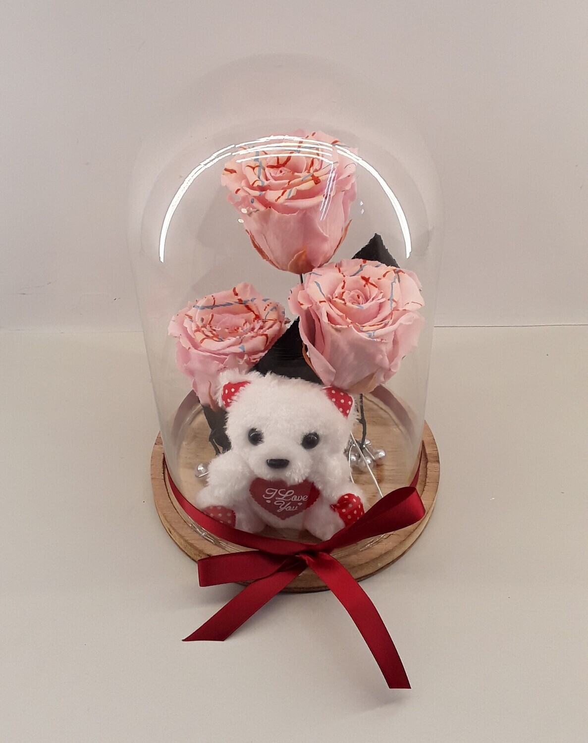 F34--Pink forever roses with small teddy bear in glass!!!