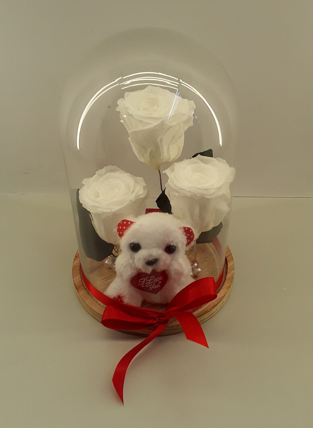 F37--White forever roses with small teddy bear in glass!!!