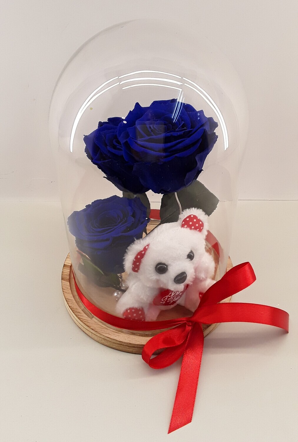 F38--Blue forever roses with small teddy bear in glass!!!