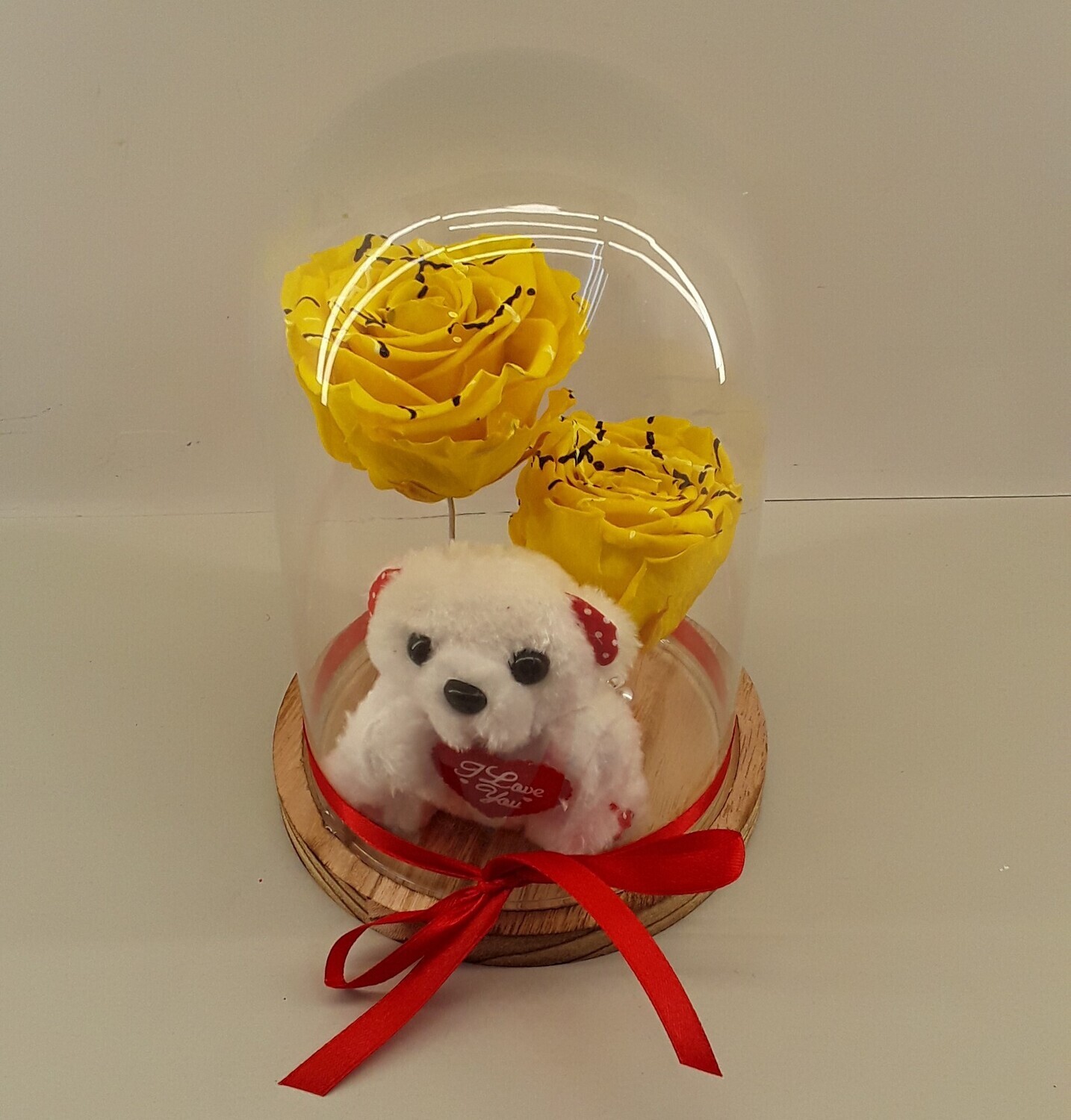 F43--Yellow forever roses with small teddy bear in glass!!!