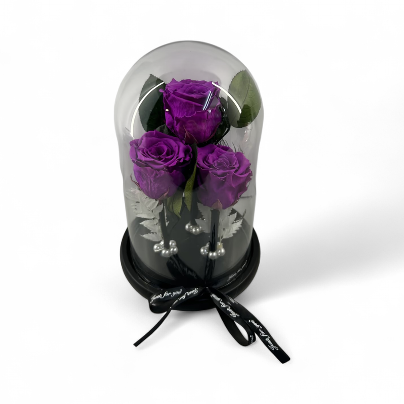 F04 - 3 Purple forever rose in glass