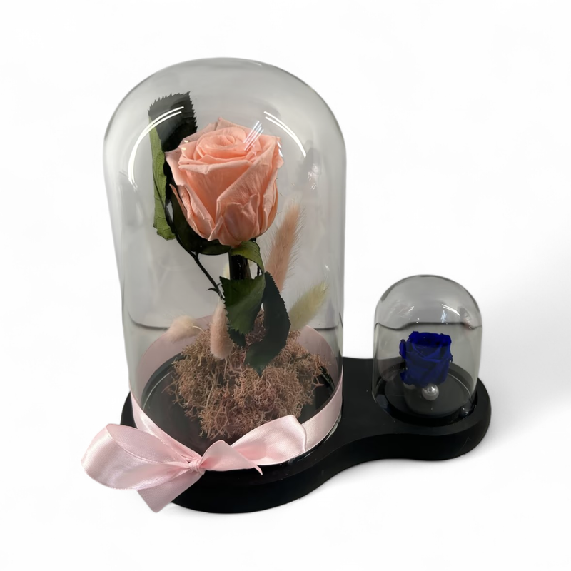 F30 - Pink Forever Rose &amp; Mini Blue in glass
