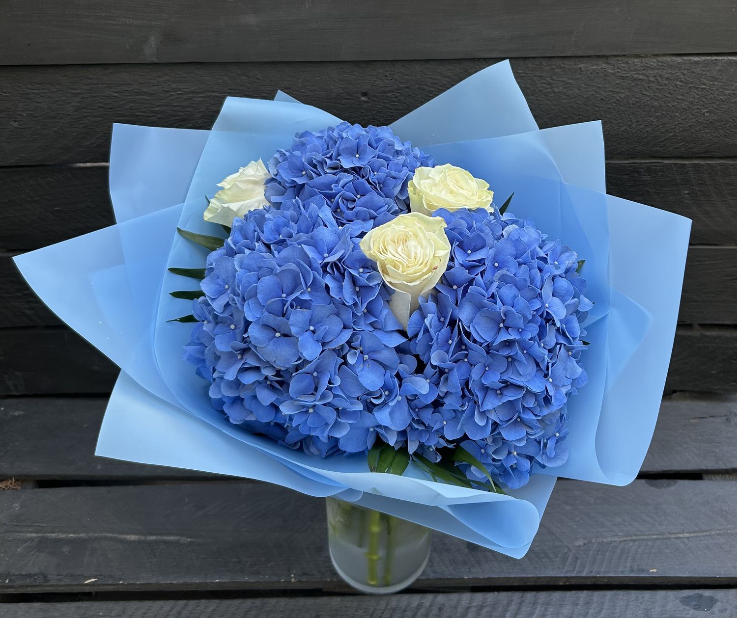 B01 - Blue Hydrangeas &amp; White Roses Bouquet